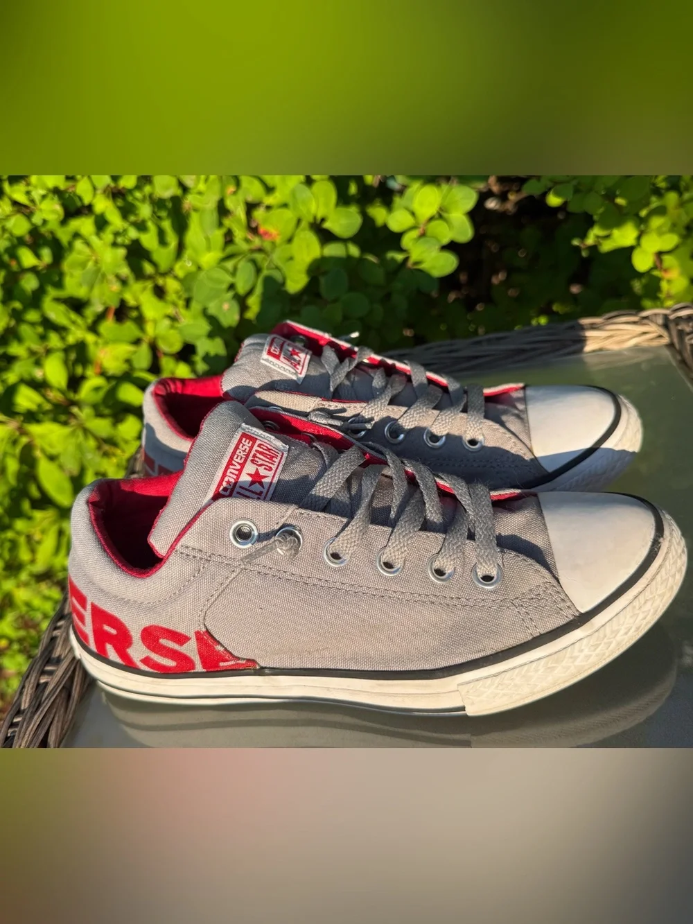 Converse Kids Low Top Canvas Sneakers - Slip In or Tie - Gray & Red - Size 5